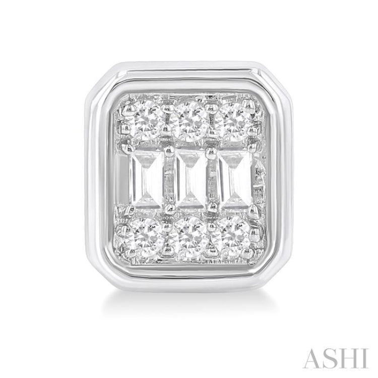1/5 Ctw Petite Bezel Set Emerald Shape Fusion Baguette and Round Cut Diamond Fashion Stud Earring in 10K White Gold 1/5 Ctw Petite Bezel Set Emerald Shape Fusion Baguette and Round Cut Diamond Fashion Stud Earring in 10K White Gold