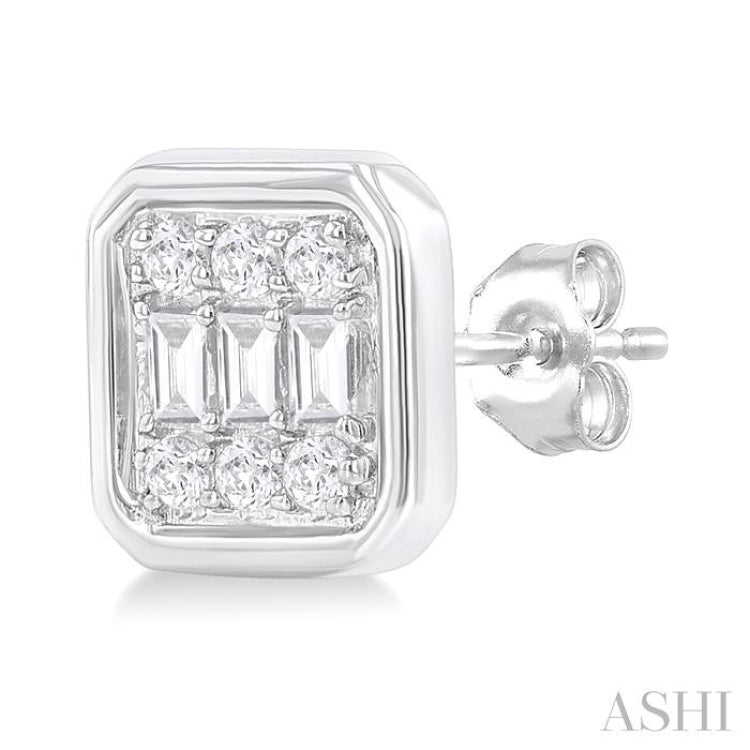 1/5 Ctw Petite Bezel Set Emerald Shape Fusion Baguette and Round Cut Diamond Fashion Stud Earring in 10K White Gold 1/5 Ctw Petite Bezel Set Emerald Shape Fusion Baguette and Round Cut Diamond Fashion Stud Earring in 10K White Gold