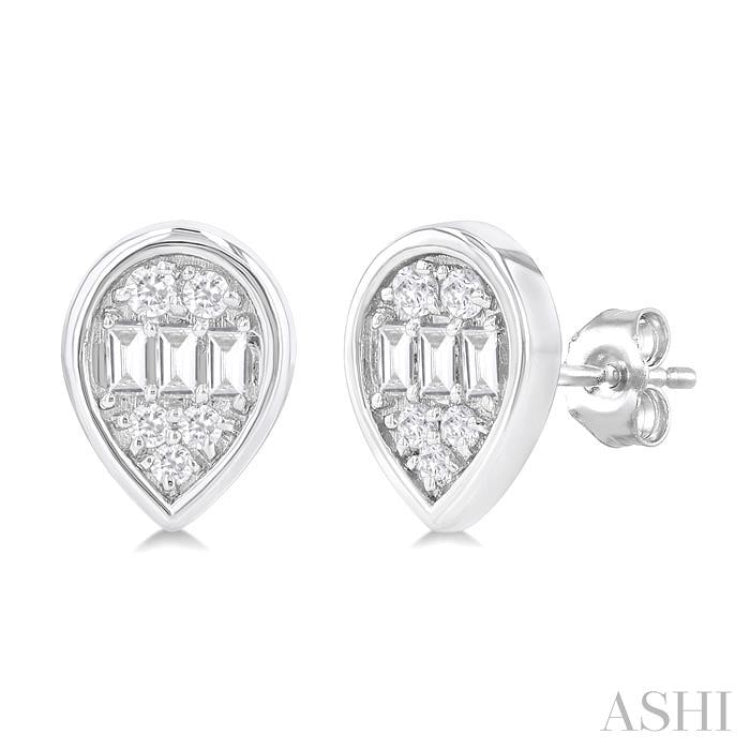 1/5 Ctw Petite Bezel Set Pear Shape Fusion Baguette and Round Cut Diamond Fashion Stud Earring in 10K White Gold 1/5 Ctw Petite Bezel Set Pear Shape Fusion Baguette and Round Cut Diamond Fashion Stud Earring in 10K White Gold