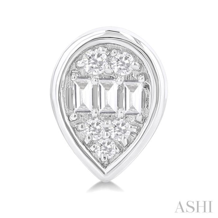 1/5 Ctw Petite Bezel Set Pear Shape Fusion Baguette and Round Cut Diamond Fashion Stud Earring in 10K White Gold 1/5 Ctw Petite Bezel Set Pear Shape Fusion Baguette and Round Cut Diamond Fashion Stud Earring in 10K White Gold