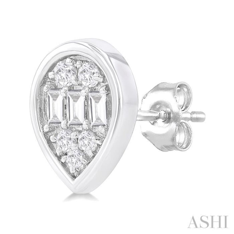 1/5 Ctw Petite Bezel Set Pear Shape Fusion Baguette and Round Cut Diamond Fashion Stud Earring in 10K White Gold 1/5 Ctw Petite Bezel Set Pear Shape Fusion Baguette and Round Cut Diamond Fashion Stud Earring in 10K White Gold