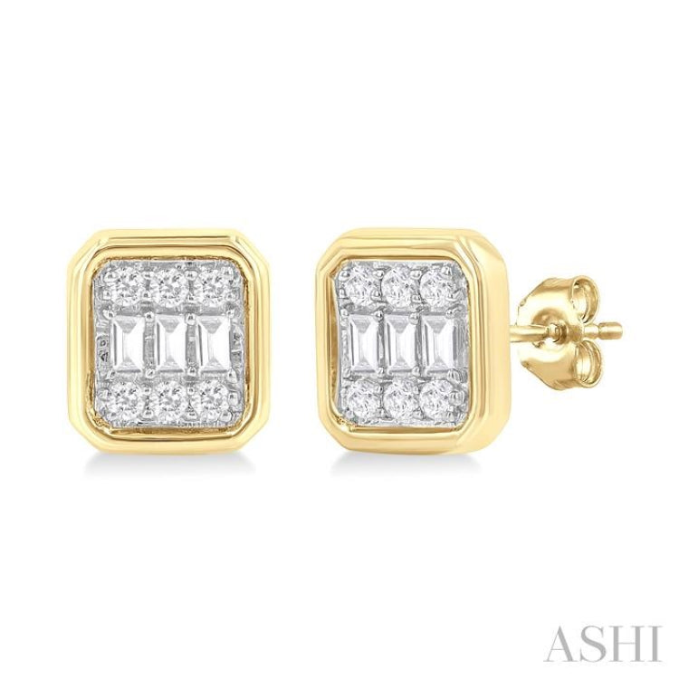 1/5 Ctw Petite Bezel Set Emerald Shape Fusion Baguette and Round Cut Diamond Fashion Stud Earring in 10K Yellow Gold 1/5 Ctw Petite Bezel Set Emerald Shape Fusion Baguette and Round Cut Diamond Fashion Stud Earring in 10K Yellow Gold