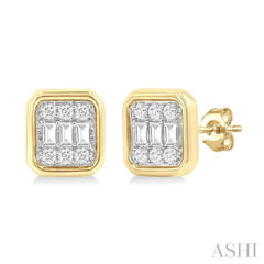 1/5 Ctw Petite Bezel Set Emerald Shape Fusion Baguette and Round Cut Diamond Fashion Stud Earring in 10K Yellow Gold 1/5 Ctw Petite Bezel Set Emerald Shape Fusion Baguette and Round Cut Diamond Fashion Stud Earring in 10K Yellow Gold