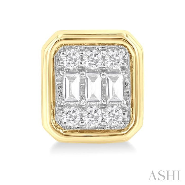 1/5 Ctw Petite Bezel Set Emerald Shape Fusion Baguette and Round Cut Diamond Fashion Stud Earring in 10K Yellow Gold 1/5 Ctw Petite Bezel Set Emerald Shape Fusion Baguette and Round Cut Diamond Fashion Stud Earring in 10K Yellow Gold