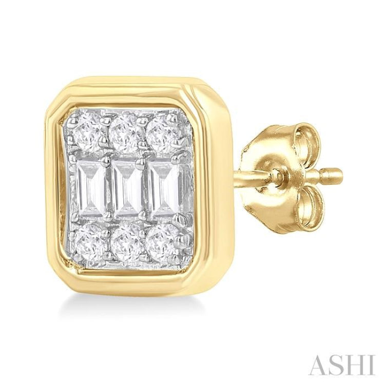 1/5 Ctw Petite Bezel Set Emerald Shape Fusion Baguette and Round Cut Diamond Fashion Stud Earring in 10K Yellow Gold 1/5 Ctw Petite Bezel Set Emerald Shape Fusion Baguette and Round Cut Diamond Fashion Stud Earring in 10K Yellow Gold