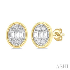 1/5 Ctw Petite Bezel Set Oval Shape Fusion Baguette and Round Cut Diamond Fashion Stud Earring in 10K Yellow Gold 1/5 Ctw Petite Bezel Set Oval Shape Fusion Baguette and Round Cut Diamond Fashion Stud Earring in 10K Yellow Gold