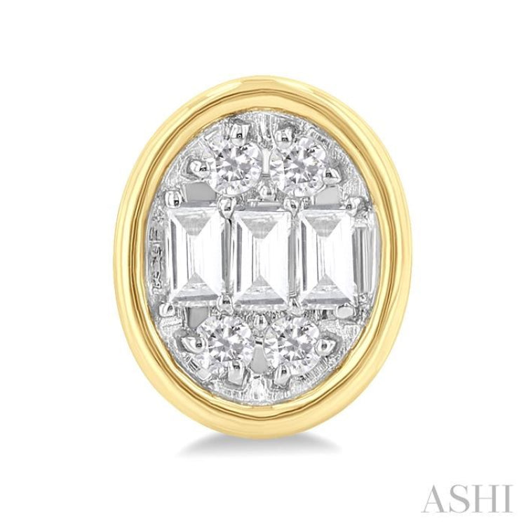 1/5 Ctw Petite Bezel Set Oval Shape Fusion Baguette and Round Cut Diamond Fashion Stud Earring in 10K Yellow Gold 1/5 Ctw Petite Bezel Set Oval Shape Fusion Baguette and Round Cut Diamond Fashion Stud Earring in 10K Yellow Gold