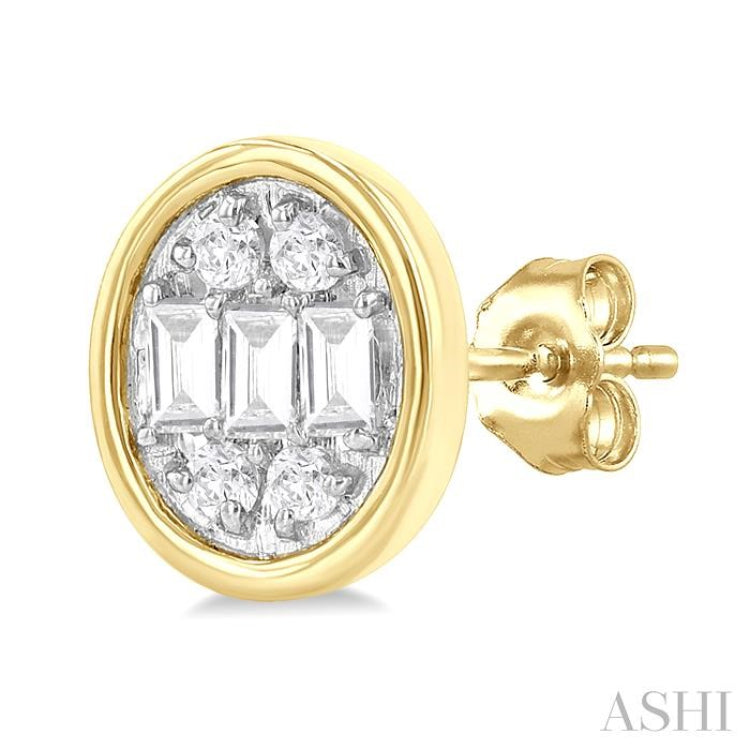 1/5 Ctw Petite Bezel Set Oval Shape Fusion Baguette and Round Cut Diamond Fashion Stud Earring in 10K Yellow Gold 1/5 Ctw Petite Bezel Set Oval Shape Fusion Baguette and Round Cut Diamond Fashion Stud Earring in 10K Yellow Gold