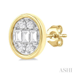 1/5 Ctw Petite Bezel Set Oval Shape Fusion Baguette and Round Cut Diamond Fashion Stud Earring in 10K Yellow Gold 1/5 Ctw Petite Bezel Set Oval Shape Fusion Baguette and Round Cut Diamond Fashion Stud Earring in 10K Yellow Gold