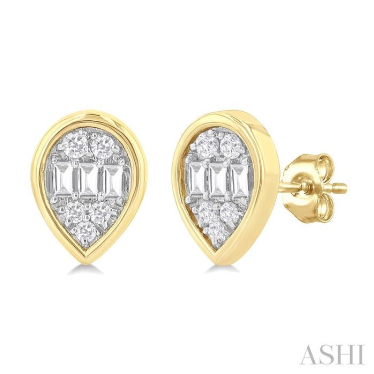 1/5 Ctw Petite Bezel Set Pear Shape Fusion Baguette and Round Cut Diamond Fashion Stud Earring in 10K Yellow Gold 1/5 Ctw Petite Bezel Set Pear Shape Fusion Baguette and Round Cut Diamond Fashion Stud Earring in 10K Yellow Gold