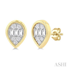 1/5 Ctw Petite Bezel Set Pear Shape Fusion Baguette and Round Cut Diamond Fashion Stud Earring in 10K Yellow Gold 1/5 Ctw Petite Bezel Set Pear Shape Fusion Baguette and Round Cut Diamond Fashion Stud Earring in 10K Yellow Gold