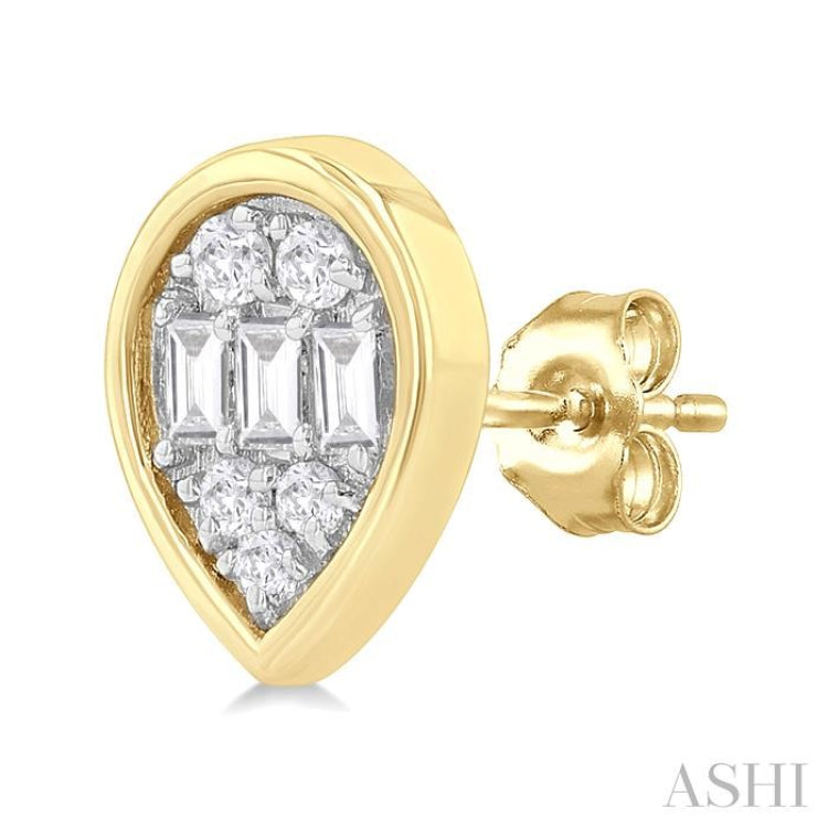 1/5 Ctw Petite Bezel Set Pear Shape Fusion Baguette and Round Cut Diamond Fashion Stud Earring in 10K Yellow Gold 1/5 Ctw Petite Bezel Set Pear Shape Fusion Baguette and Round Cut Diamond Fashion Stud Earring in 10K Yellow Gold