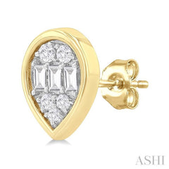 1/5 Ctw Petite Bezel Set Pear Shape Fusion Baguette and Round Cut Diamond Fashion Stud Earring in 10K Yellow Gold 1/5 Ctw Petite Bezel Set Pear Shape Fusion Baguette and Round Cut Diamond Fashion Stud Earring in 10K Yellow Gold