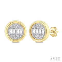 1/5 Ctw Petite Bezel Set Round Shape Fusion Baguette and Round Cut Diamond Fashion Stud Earring in 10K Yellow Gold 1/5 Ctw Petite Bezel Set Round Shape Fusion Baguette and Round Cut Diamond Fashion Stud Earring in 10K Yellow Gold