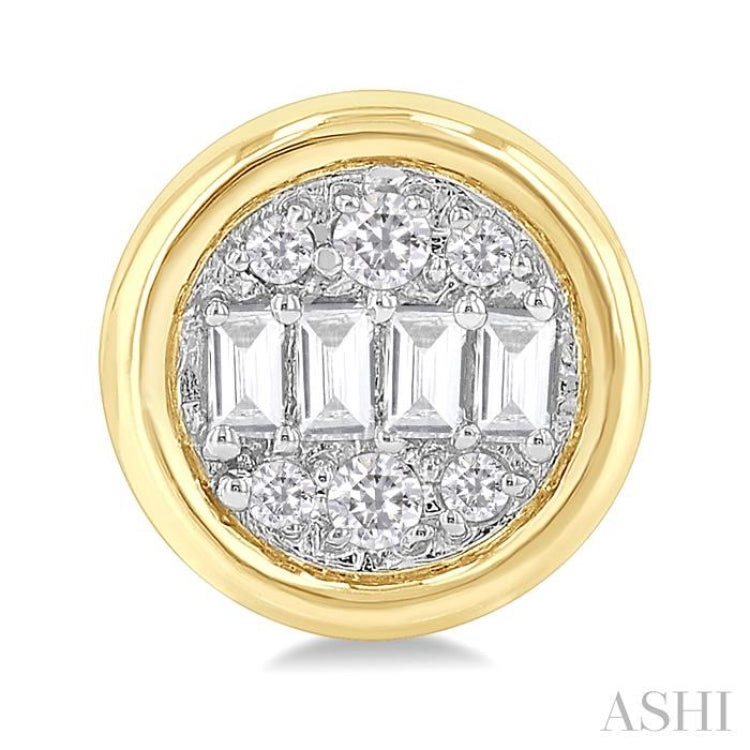 1/5 Ctw Petite Bezel Set Round Shape Fusion Baguette and Round Cut Diamond Fashion Stud Earring in 10K Yellow Gold 1/5 Ctw Petite Bezel Set Round Shape Fusion Baguette and Round Cut Diamond Fashion Stud Earring in 10K Yellow Gold