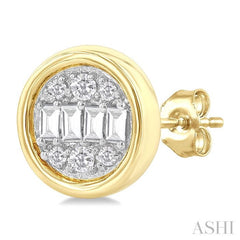 1/5 Ctw Petite Bezel Set Round Shape Fusion Baguette and Round Cut Diamond Fashion Stud Earring in 10K Yellow Gold 1/5 Ctw Petite Bezel Set Round Shape Fusion Baguette and Round Cut Diamond Fashion Stud Earring in 10K Yellow Gold