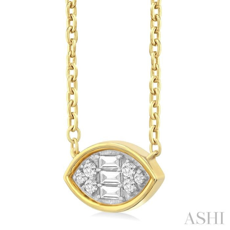 1/6 Ctw Petite Bezel Set East-West Marquise Shape Fusion Baguette and Round Cut Diamond Fashion Pendant With Chain in 10K Yellow Gold 1/6 Ctw Petite Bezel Set East-West Marquise Shape Fusion Baguette and Round Cut Diamond Fashion Pendant With Chain in 10K Yellow Gold