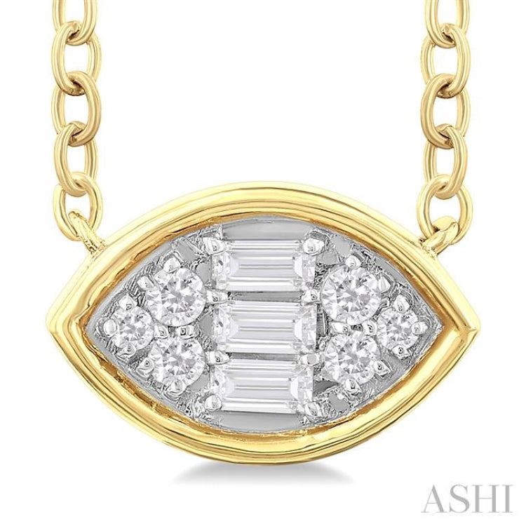 1/6 Ctw Petite Bezel Set East-West Marquise Shape Fusion Baguette and Round Cut Diamond Fashion Pendant With Chain in 10K Yellow Gold 1/6 Ctw Petite Bezel Set East-West Marquise Shape Fusion Baguette and Round Cut Diamond Fashion Pendant With Chain in 10K Yellow Gold