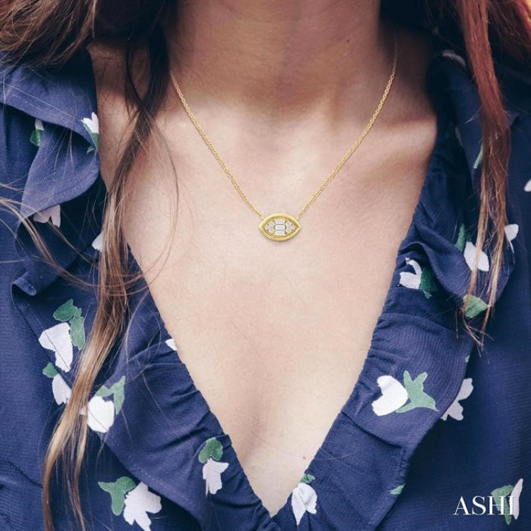 1/6 Ctw Petite Bezel Set East-West Marquise Shape Fusion Baguette and Round Cut Diamond Fashion Pendant With Chain in 10K Yellow Gold 1/6 Ctw Petite Bezel Set East-West Marquise Shape Fusion Baguette and Round Cut Diamond Fashion Pendant With Chain in 10K Yellow Gold