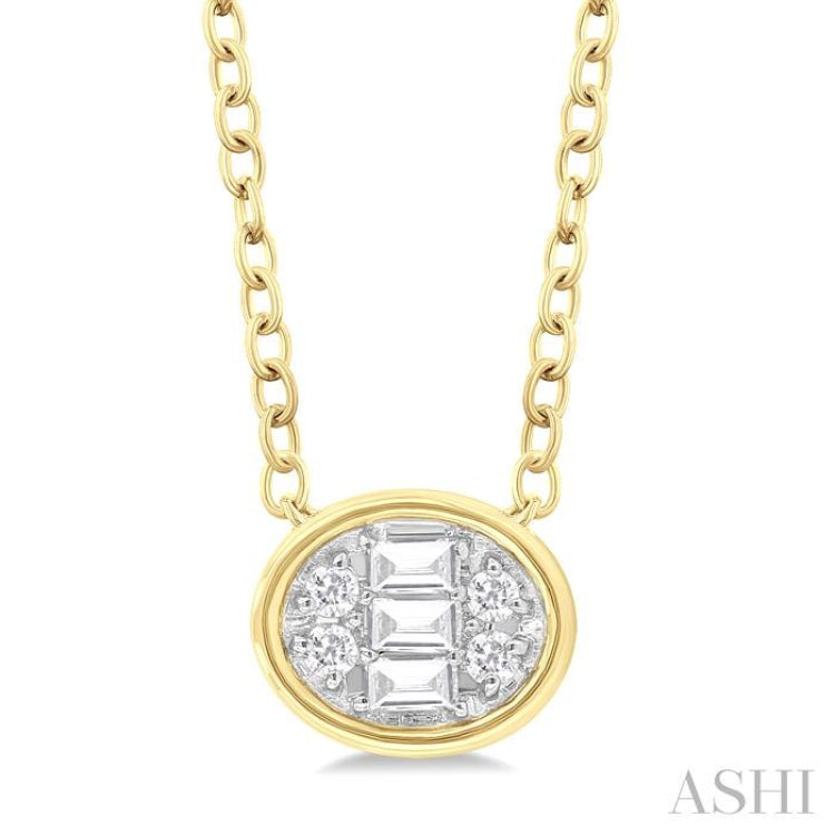 1/6 Ctw Petite Bezel Set East-West Oval Shape Fusion Baguette and Round Cut Diamond Fashion Pendant With Chain in 10K Yellow Gold 1/6 Ctw Petite Bezel Set East-West Oval Shape Fusion Baguette and Round Cut Diamond Fashion Pendant With Chain in 10K Yellow Gold