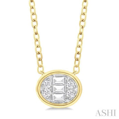 1/6 Ctw Petite Bezel Set East-West Oval Shape Fusion Baguette and Round Cut Diamond Fashion Pendant With Chain in 10K Yellow Gold 1/6 Ctw Petite Bezel Set East-West Oval Shape Fusion Baguette and Round Cut Diamond Fashion Pendant With Chain in 10K Yellow Gold