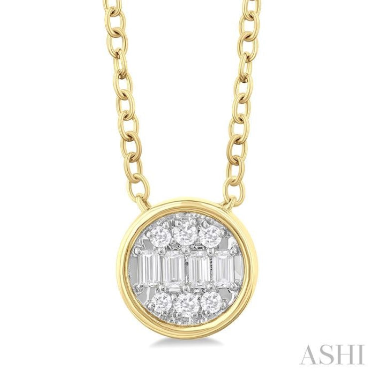 1/6 Ctw Petite Bezel Set Round Shape Fusion Baguette and Round Cut Diamond Fashion Pendant With Chain in 10K Yellow Gold 1/6 Ctw Petite Bezel Set Round Shape Fusion Baguette and Round Cut Diamond Fashion Pendant With Chain in 10K Yellow Gold
