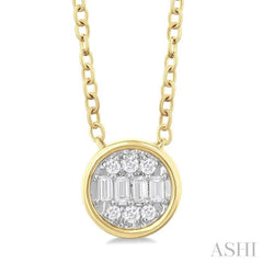 1/6 Ctw Petite Bezel Set Round Shape Fusion Baguette and Round Cut Diamond Fashion Pendant With Chain in 10K Yellow Gold 1/6 Ctw Petite Bezel Set Round Shape Fusion Baguette and Round Cut Diamond Fashion Pendant With Chain in 10K Yellow Gold