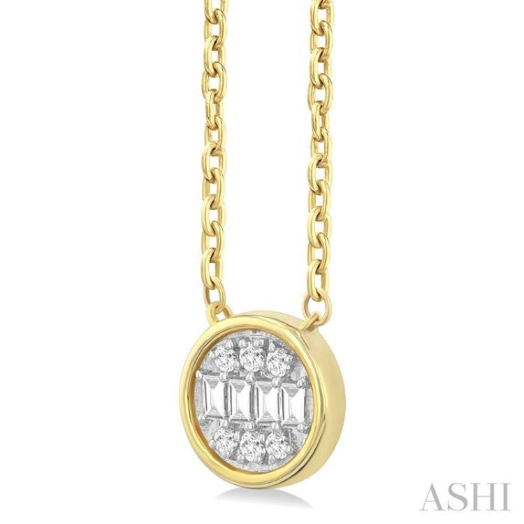 1/6 Ctw Petite Bezel Set Round Shape Fusion Baguette and Round Cut Diamond Fashion Pendant With Chain in 10K Yellow Gold 1/6 Ctw Petite Bezel Set Round Shape Fusion Baguette and Round Cut Diamond Fashion Pendant With Chain in 10K Yellow Gold