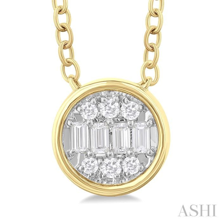 1/6 Ctw Petite Bezel Set Round Shape Fusion Baguette and Round Cut Diamond Fashion Pendant With Chain in 10K Yellow Gold 1/6 Ctw Petite Bezel Set Round Shape Fusion Baguette and Round Cut Diamond Fashion Pendant With Chain in 10K Yellow Gold