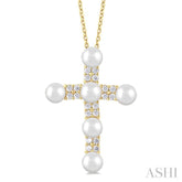 4 MM Cross Cultured Pearl and 1/5 Ctw Round Cut Diamond Semi-Precious Fashion Pendant With Chain in 10K Yellow Gold