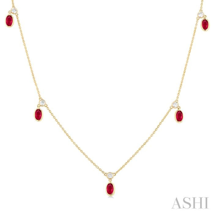 5x3 MM Oval Shape Ruby and 1/8 Ctw Round Cut Diamonds Precious Station Necklace in 10K Yellow Gold 5x3 MM Oval Shape Ruby and 1/8 Ctw Round Cut Diamonds Precious Station Necklace in 10K Yellow Gold