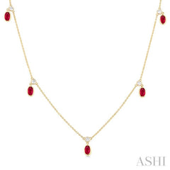 5x3 MM Oval Shape Ruby and 1/8 Ctw Round Cut Diamonds Precious Station Necklace in 10K Yellow Gold 5x3 MM Oval Shape Ruby and 1/8 Ctw Round Cut Diamonds Precious Station Necklace in 10K Yellow Gold