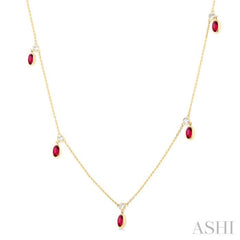 5x3 MM Oval Shape Ruby and 1/8 Ctw Round Cut Diamonds Precious Station Necklace in 10K Yellow Gold 5x3 MM Oval Shape Ruby and 1/8 Ctw Round Cut Diamonds Precious Station Necklace in 10K Yellow Gold