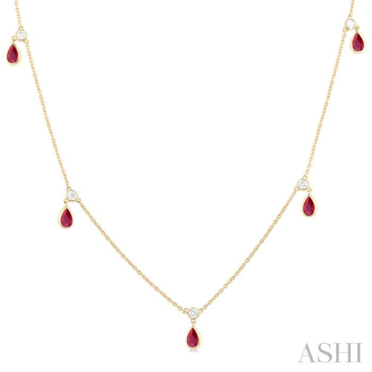 5x3 MM Pear Shape Ruby and 1/8 Ctw Round Cut Diamonds Precious Station Necklace in 10K Yellow Gold 5x3 MM Pear Shape Ruby and 1/8 Ctw Round Cut Diamonds Precious Station Necklace in 10K Yellow Gold