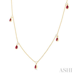 5x3 MM Pear Shape Ruby and 1/8 Ctw Round Cut Diamonds Precious Station Necklace in 10K Yellow Gold 5x3 MM Pear Shape Ruby and 1/8 Ctw Round Cut Diamonds Precious Station Necklace in 10K Yellow Gold