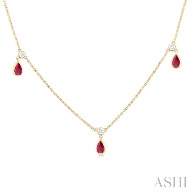 5x3 MM Pear Shape Ruby and 1/8 Ctw Round Cut Diamonds Precious Station Necklace in 10K Yellow Gold 5x3 MM Pear Shape Ruby and 1/8 Ctw Round Cut Diamonds Precious Station Necklace in 10K Yellow Gold