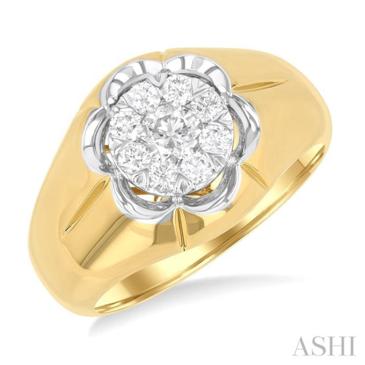 3/4 Ctw Floral Center Lovebright Round Cut Diamond Men's Ring in 10K Yellow and White Gold 3/4 Ctw Floral Center Lovebright Round Cut Diamond Men's Ring in 10K Yellow and White Gold