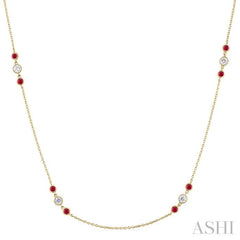 2.25 MM Ruby and 1/2 Ctw Round Cut Diamond Precious Station Necklace in 14K Yellow Gold 2.25 MM Ruby and 1/2 Ctw Round Cut Diamond Precious Station Necklace in 14K Yellow Gold