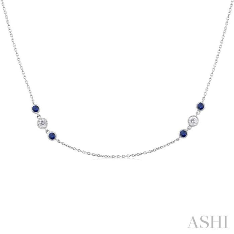 2.25 MM Sapphire and 1/2 Ctw Round Cut Diamond Precious Station Necklace in 14K White Gold 2.25 MM Sapphire and 1/2 Ctw Round Cut Diamond Precious Station Necklace in 14K White Gold