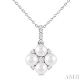 4 MM Floral Round Shape Cultured Pearl and 1/10 Ctw Round Cut Diamond Fashion Pendant With Chain in 10K White Gold