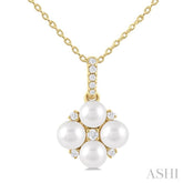 4 MM Floral Round Shape Cultured Pearl and 1/10 Ctw Round Cut Diamond Fashion Pendant With Chain in 10K Yellow Gold