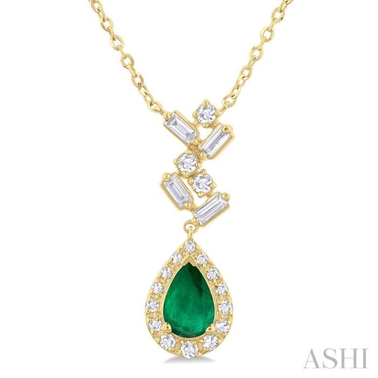 6x4 MM Pear Cut Emerald and 1/5 Ctw Scatter Baguette & Single Cut Halo Diamond Precious Pendant With Chain in 10K Yellow Gold 6x4 MM Pear Cut Emerald and 1/5 Ctw Scatter Baguette & Single Cut Halo Diamond Precious Pendant With Chain in 10K Yellow Gold