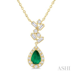 6x4 MM Pear Cut Emerald and 1/5 Ctw Scatter Baguette & Single Cut Halo Diamond Precious Pendant With Chain in 10K Yellow Gold 6x4 MM Pear Cut Emerald and 1/5 Ctw Scatter Baguette & Single Cut Halo Diamond Precious Pendant With Chain in 10K Yellow Gold
