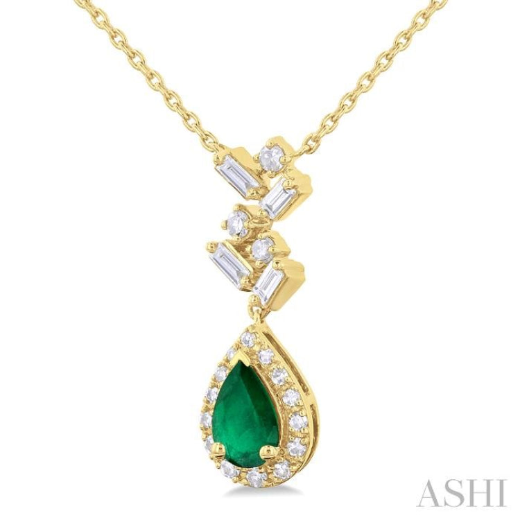6x4 MM Pear Cut Emerald and 1/5 Ctw Scatter Baguette & Single Cut Halo Diamond Precious Pendant With Chain in 10K Yellow Gold 6x4 MM Pear Cut Emerald and 1/5 Ctw Scatter Baguette & Single Cut Halo Diamond Precious Pendant With Chain in 10K Yellow Gold
