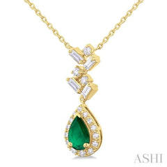 6x4 MM Pear Cut Emerald and 1/5 Ctw Scatter Baguette & Single Cut Halo Diamond Precious Pendant With Chain in 10K Yellow Gold 6x4 MM Pear Cut Emerald and 1/5 Ctw Scatter Baguette & Single Cut Halo Diamond Precious Pendant With Chain in 10K Yellow Gold