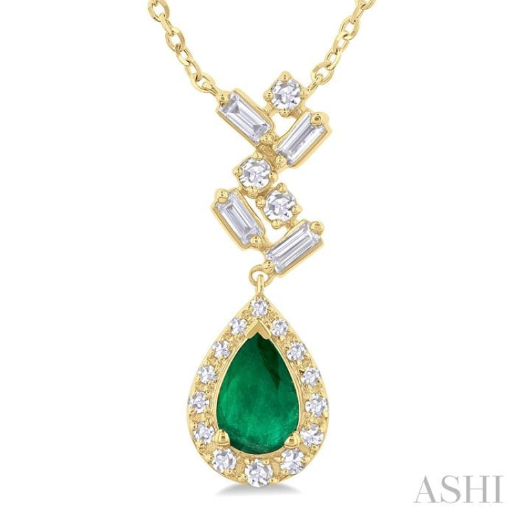 6x4 MM Pear Cut Emerald and 1/5 Ctw Scatter Baguette & Single Cut Halo Diamond Precious Pendant With Chain in 10K Yellow Gold 6x4 MM Pear Cut Emerald and 1/5 Ctw Scatter Baguette & Single Cut Halo Diamond Precious Pendant With Chain in 10K Yellow Gold