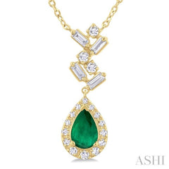 6x4 MM Pear Cut Emerald and 1/5 Ctw Scatter Baguette & Single Cut Halo Diamond Precious Pendant With Chain in 10K Yellow Gold 6x4 MM Pear Cut Emerald and 1/5 Ctw Scatter Baguette & Single Cut Halo Diamond Precious Pendant With Chain in 10K Yellow Gold