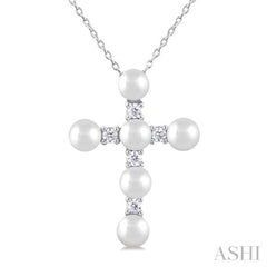 4 MM Cross Cultured Pearl and 1/6 Ctw Round Cut Diamond Fashion Pendant With Chain in 10K White Gold 4 MM Cross Cultured Pearl and 1/6 Ctw Round Cut Diamond Fashion Pendant With Chain in 10K White Gold
