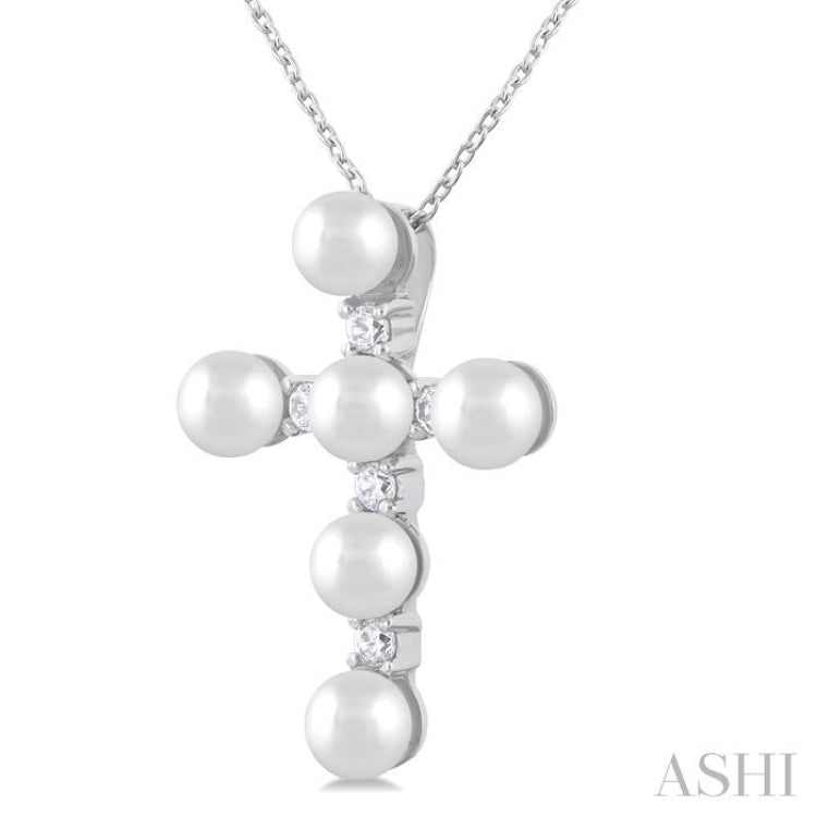 4 MM Cross Cultured Pearl and 1/6 Ctw Round Cut Diamond Fashion Pendant With Chain in 10K White Gold 4 MM Cross Cultured Pearl and 1/6 Ctw Round Cut Diamond Fashion Pendant With Chain in 10K White Gold