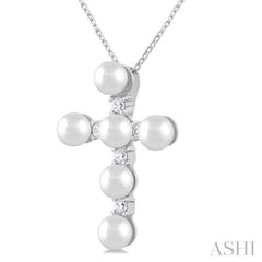 4 MM Cross Cultured Pearl and 1/6 Ctw Round Cut Diamond Fashion Pendant With Chain in 10K White Gold 4 MM Cross Cultured Pearl and 1/6 Ctw Round Cut Diamond Fashion Pendant With Chain in 10K White Gold